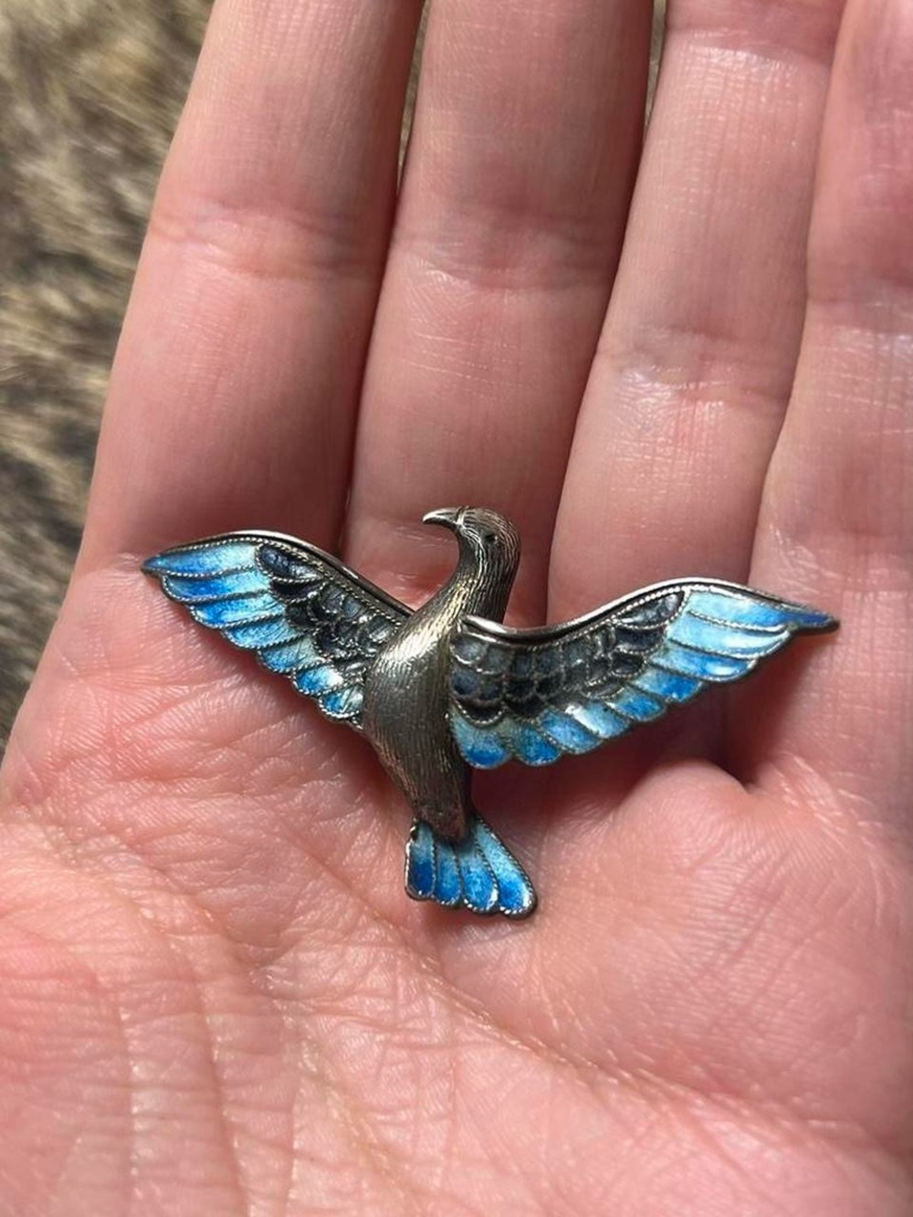 Vintage sterling silver Plique a Jour enamel bird brooch